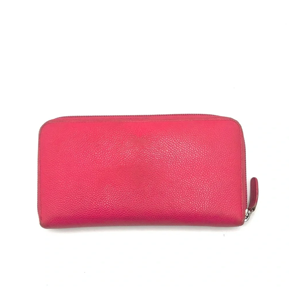 Authentic CHANEL CC Pink Pebbled Leather Zip Around Long Wallet W/ Chanel Card